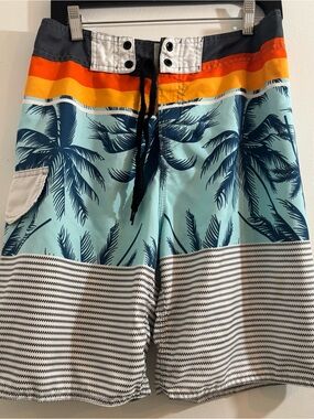 Men's Beach Wear Tropical Stripe Swim Shorts in Aqua with Orange Accent